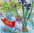 Irises and Red Vase JF realism still life